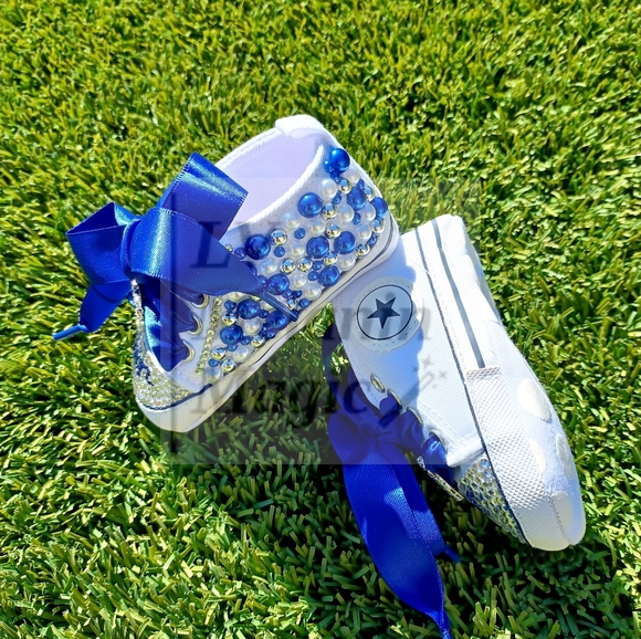 Beautiful BLUE embellished soft sole cute baby shoes with ribbon lace - Picture 4 of 5